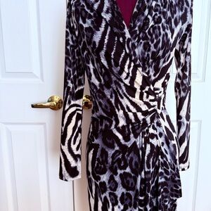 Karen Kane Monochromatic Black White and Gray with Leopard style elements.